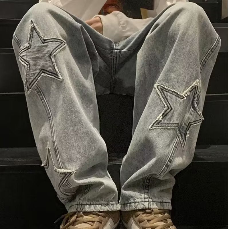 Star Embroidery Straight Casual Men Jeans Gothic Neutral New Wide Leg