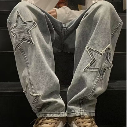 Star Embroidery Straight Casual Men Jeans Gothic Neutral New Wide Leg