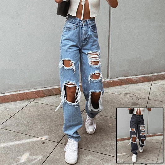 Women's American Retro Hole-punched Jeans Women High Waist