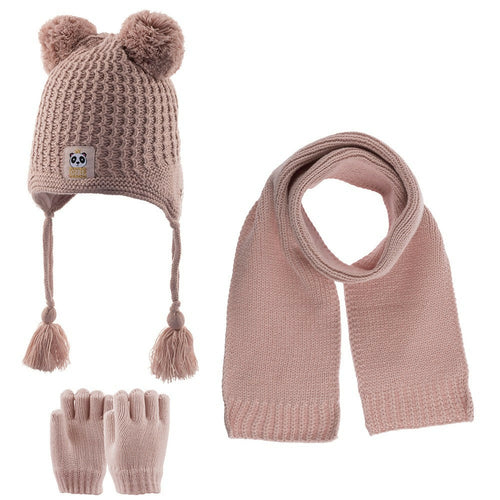 Toddler Knitted Winter Beanie 3 Piece Set With Earflaps For Girls