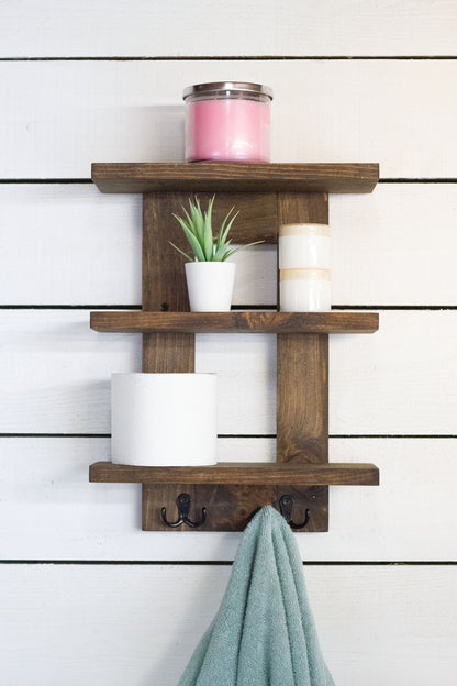 Wall Mounted Bathroom Shelf with 3 Shelves and 2 Double Towel Hooks