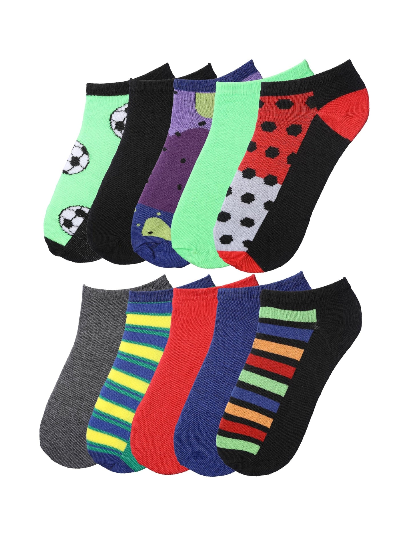 Big Kids Boys 10 Pairs Classy Lightweight Novelty Stripes Dot & Soccer