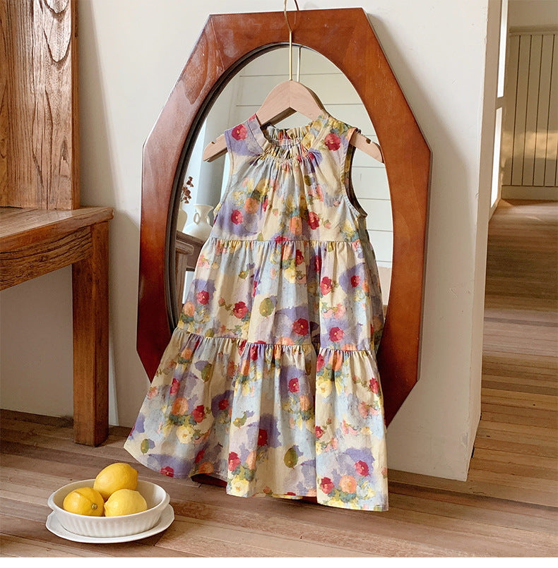 Summer Baby Kids Girls Sleeveless Oil-Painting Flowers Pattern Dress
