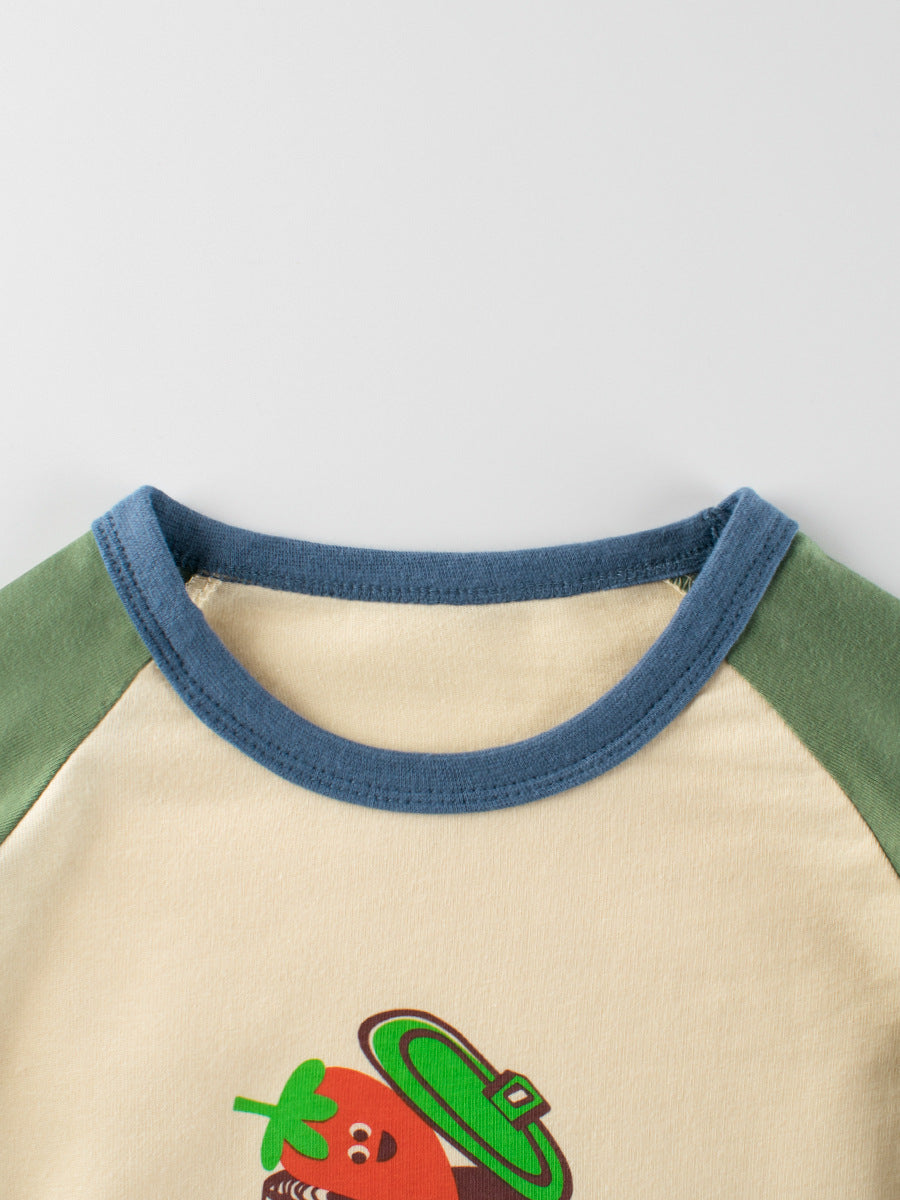 Autumn Baby Boys Cartoon Print Color Patchwork Long Sleeves Crew Neck