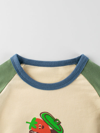 Autumn Baby Boys Cartoon Print Color Patchwork Long Sleeves Crew Neck