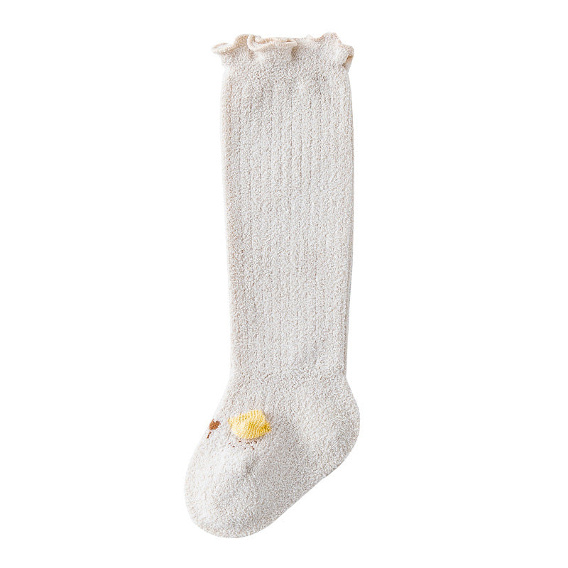 Baby Cartoon Design Coral Fleece Wooden Ear Thickened Long Tube Socks