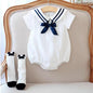 Baby Girl Solid Color Neck Striped Pattern Japan Style Navy Onesies