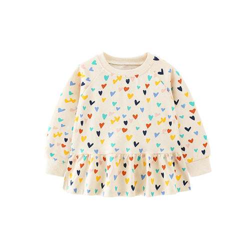 Baby Girl Heart Print Pattern Ruffle Hem Design Hoodie