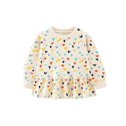 Baby Girl Heart Print Pattern Ruffle Hem Design Hoodie