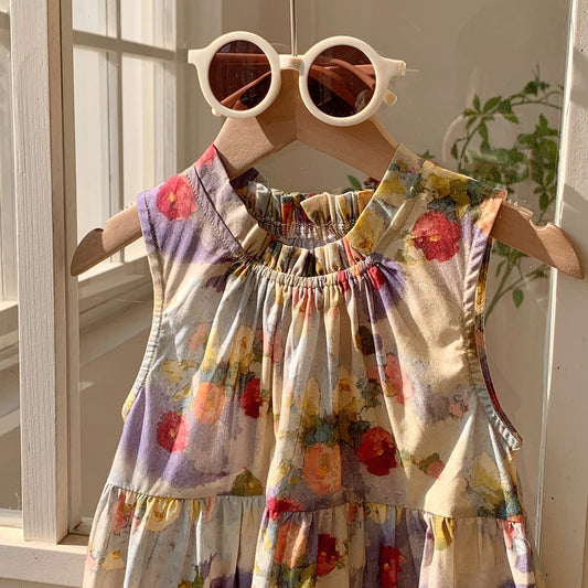 Summer Baby Kids Girls Sleeveless Oil-Painting Flowers Pattern Dress