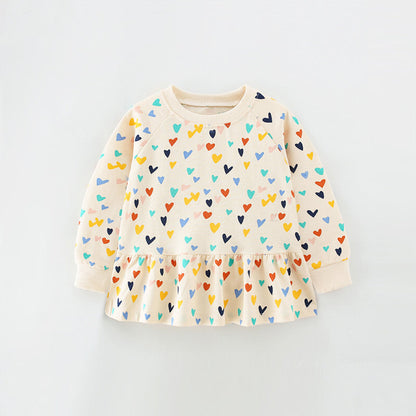 Baby Girl Heart Print Pattern Ruffle Hem Design Hoodie