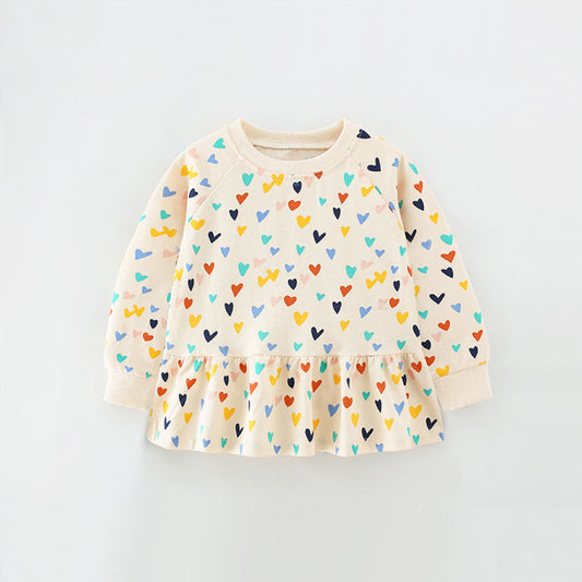 Baby Girl Heart Print Pattern Ruffle Hem Design Hoodie
