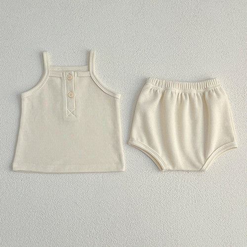 Summer Baby Kids Waffle Grid Sleeveless Vest And Bloomers Sets And