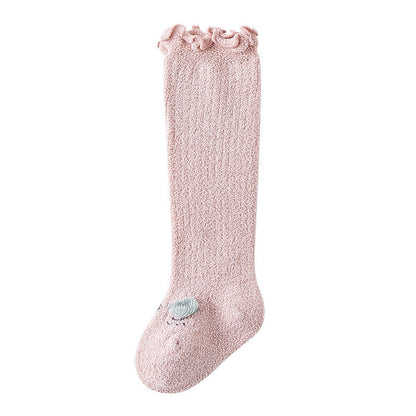 Baby Cartoon Design Coral Fleece Wooden Ear Thickened Long Tube Socks