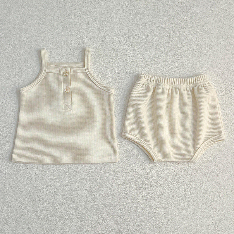Summer Baby Kids Waffle Grid Sleeveless Vest And Bloomers Sets And
