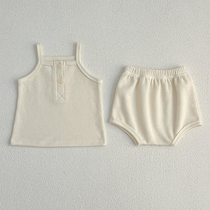 Summer Baby Kids Waffle Grid Sleeveless Vest And Bloomers Sets And