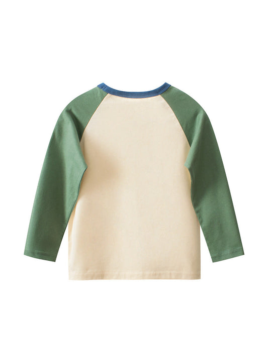 Autumn Baby Boys Cartoon Print Color Patchwork Long Sleeves Crew Neck