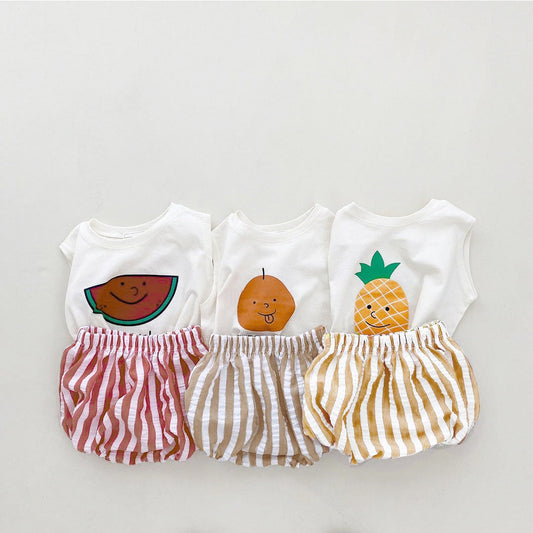 Baby Unisex Fruit Pattern Vest & Striped Pants Sets