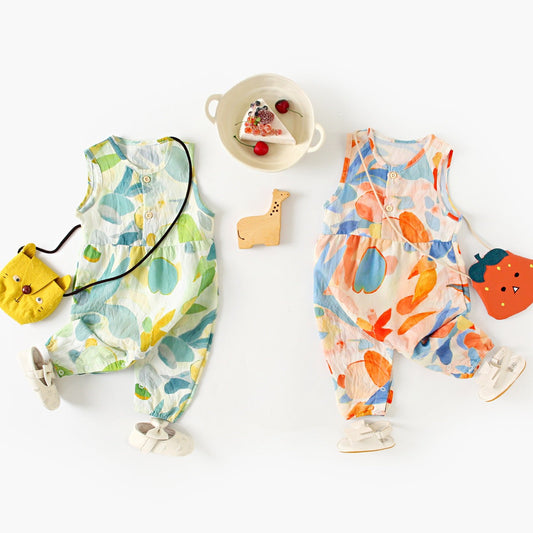 Summer Baby Girls New Arrival Leaves Pattern Sleeveless V Neck Rompers