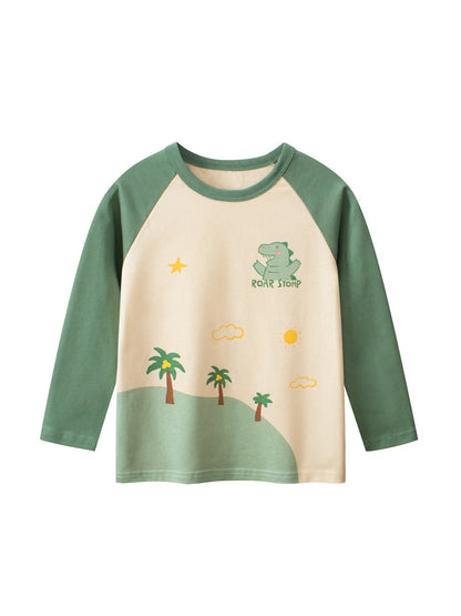 Autumn Baby Boys Cartoon Print Color Patchwork Long Sleeves Crew Neck