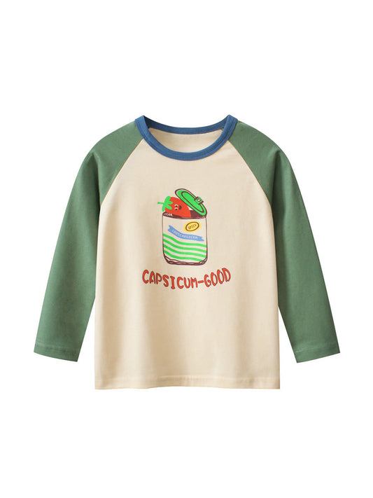 Autumn Baby Boys Cartoon Print Color Patchwork Long Sleeves Crew Neck