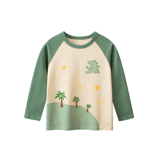 Autumn Baby Boys Cartoon Print Color Patchwork Long Sleeves Crew Neck