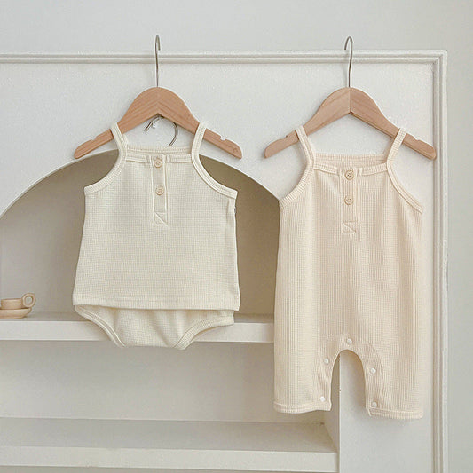 Summer Baby Kids Waffle Grid Sleeveless Vest And Bloomers Sets And