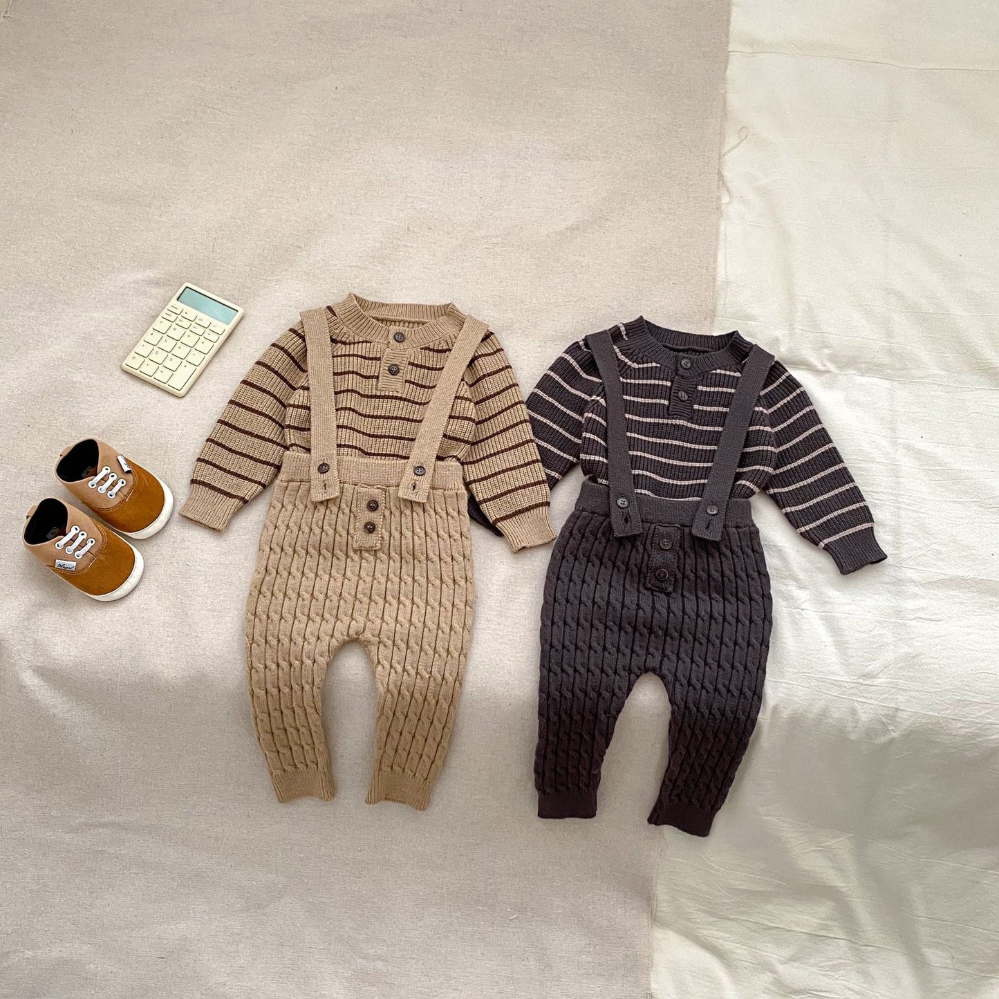 Baby Kids Unisex Long Sleeves Striped Knitted Sweater and Overalls
