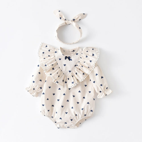 Baby Girls Heart Print With Headband Long-Sleeved Onesies