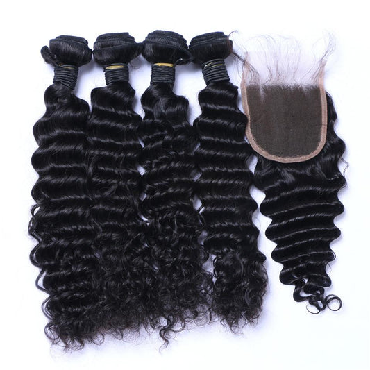 Brazilian Deep Wave Curly Hair 3 Bundles with Closure Free Middle 3