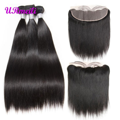 Indian Straight Virgin Hair Bundles With Frontal HD Transparent Lace