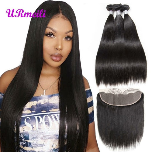 Indian Straight Virgin Hair Bundles With Frontal HD Transparent Lace