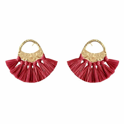 Red Raffia Fan Earrings